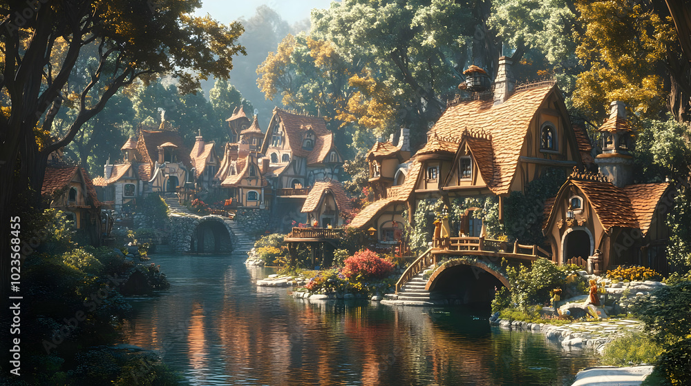 Fantasy Village with River and Stone Bridges 3D Illustration Fantasy Village with River and Stone Bridges 3D Illustration