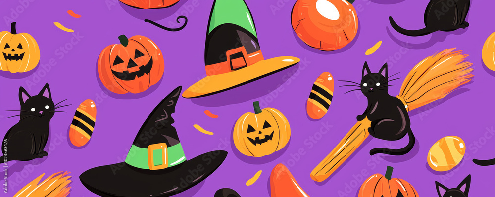 A cute and quirky Halloween pattern with cartoon-style witches' hats, broomsticks, and black cats, in a bright and cheerful color palette of purple, orange, and green. A cute and quirky Halloween pattern with cartoon-style witches' hats, broomsticks, and black cats, in a bright and cheerful color palette of purple, orange, and green.