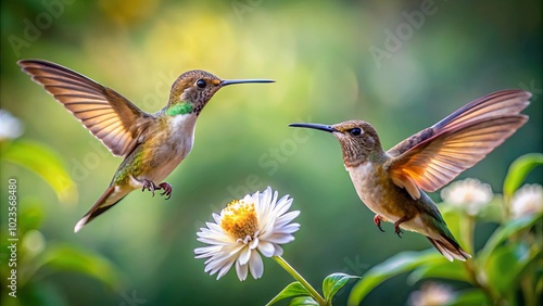 Hummingbirds in Flight near Flowering Plant