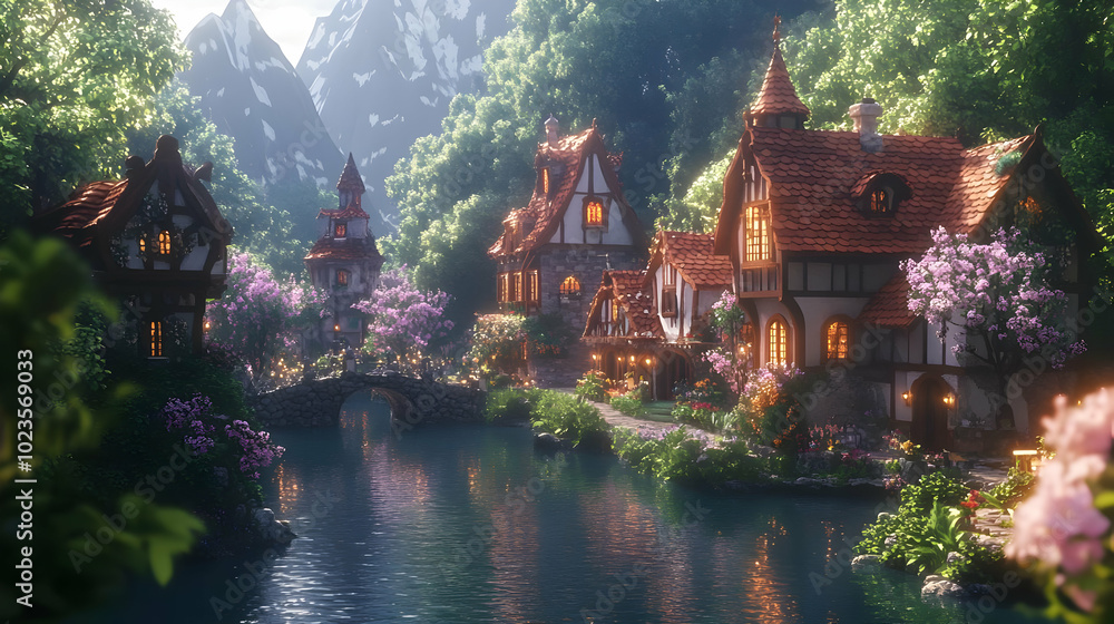 Fantasy Village by the River 3D Illustration Fantasy Village by the River 3D Illustration