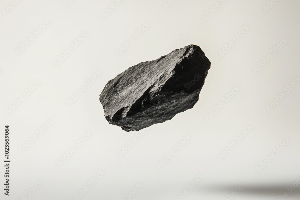 Piece of carbon material with an irregular shape is floating on a minimalist white background Piece of carbon material with an irregular shape is floating on a minimalist white background