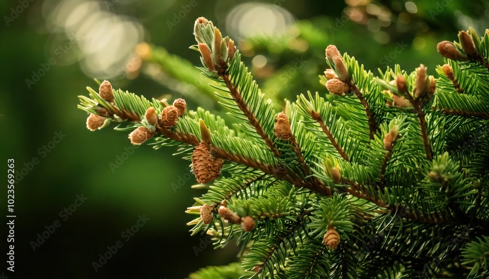 Close-up of fir tree with dried brown buds and vibrant green needles Close-up of fir tree with dried brown buds and vibrant green needles
