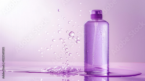 A bottle of purple liquid with water droplets on the surface