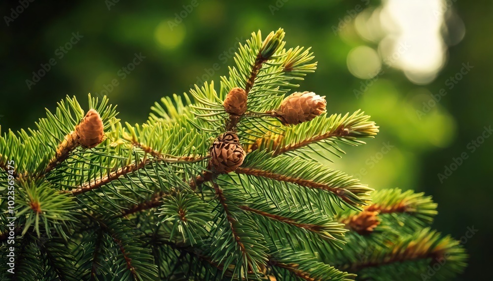 Close-up of fir tree with dried brown buds and vibrant green needles Close-up of fir tree with dried brown buds and vibrant green needles