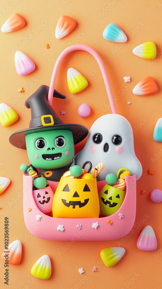 A fun, pastel-colored tote bag with a cute Frankenstein, witch, and ghost trio, each holding trick-or-treat bags, surrounded by colorful candy corn. A fun, pastel-colored tote bag with a cute Frankenstein, witch, and ghost trio, each holding trick-or-treat bags, surrounded by colorful candy corn.