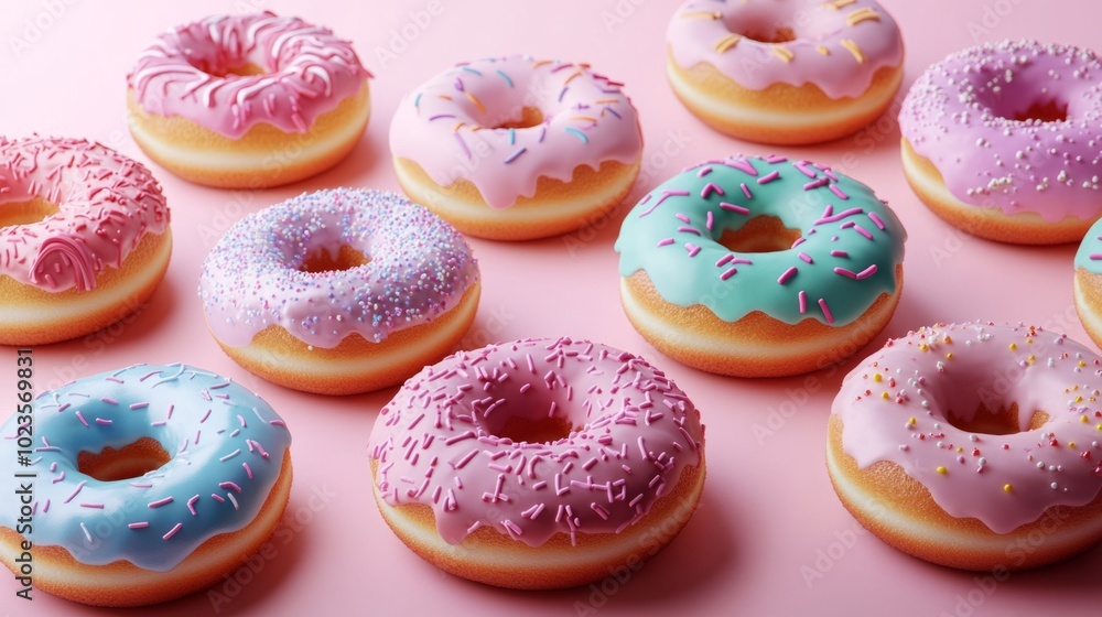 A row of colorful frosted donuts with sprinkles on top A row of colorful frosted donuts with sprinkles on top