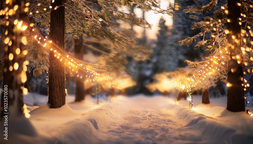 Sparkling fairy lights illuminating a winter wonderland backdrop for a festive Christmas atmosphere.