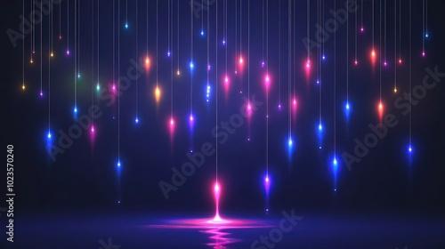 A vibrant display of colorful lights hanging in a dark space, creating a mesmerizing effect.