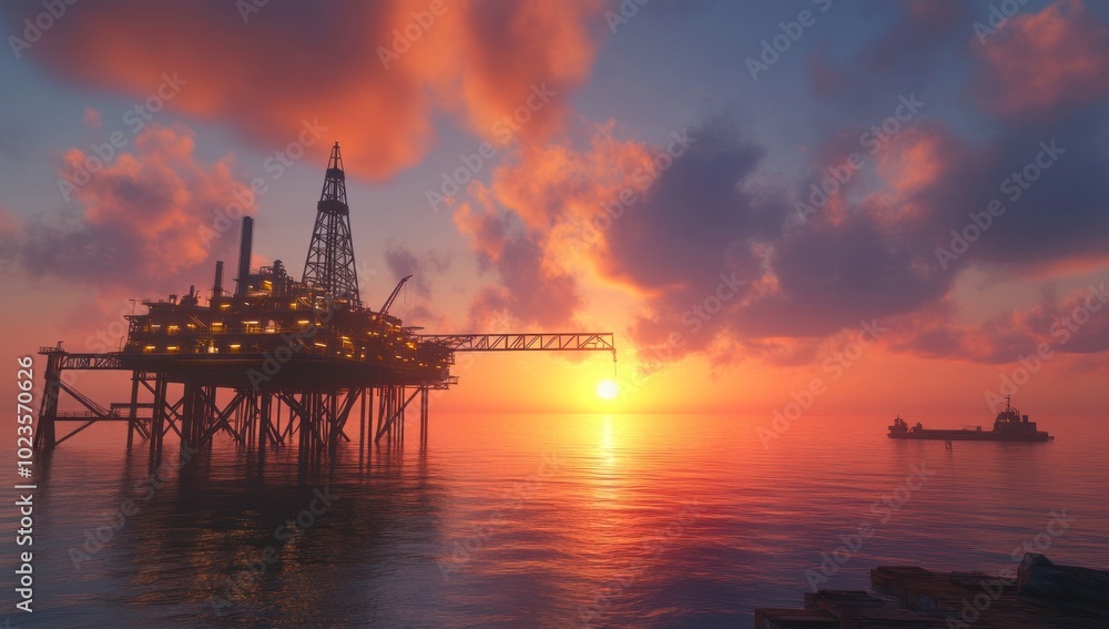 Obraz premium Offshore Oil Rig Silhouette at Sunset with a Small Vessel