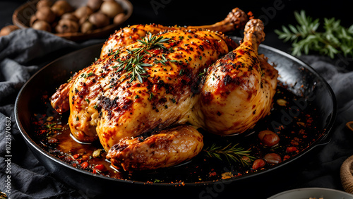 Oven-baked whole chicken with roasted spices, served on pan with black background and copy space