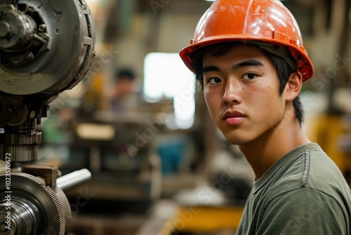 Young Man in Hard Hat Standing Near Industrial Machinery