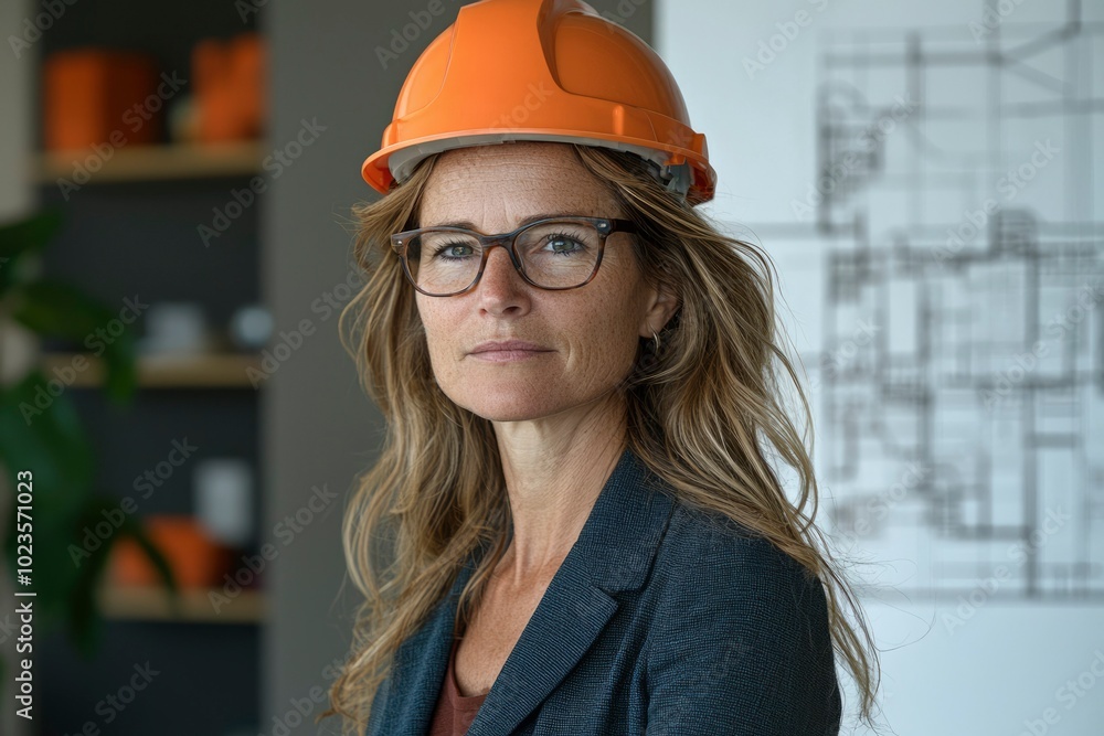 Woman in Hard Hat and Glasses Looking Forward Woman in Hard Hat and Glasses Looking Forward
