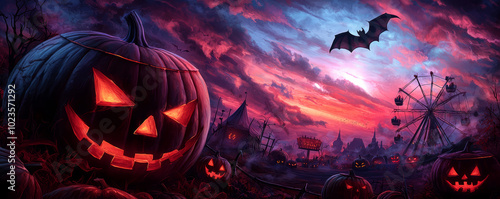 A Halloween carnival scene painted with vivid colors, featuring creepy clowns, haunted rides, and glowing jack-o'-lanterns under an eerie sky. photo