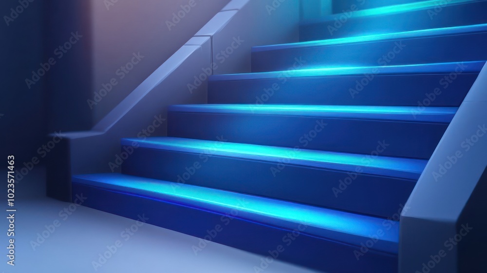 Obraz premium A modern staircase illuminated with blue light, creating a sleek and futuristic ambiance.