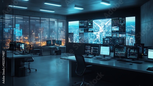 A modern control room with multiple screens displaying data and city views, designed for monitoring and analysis.