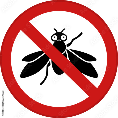 Red Sign No Fly. Vector Icon. Round Sign with Fly. Pest Control, Insect Extermination