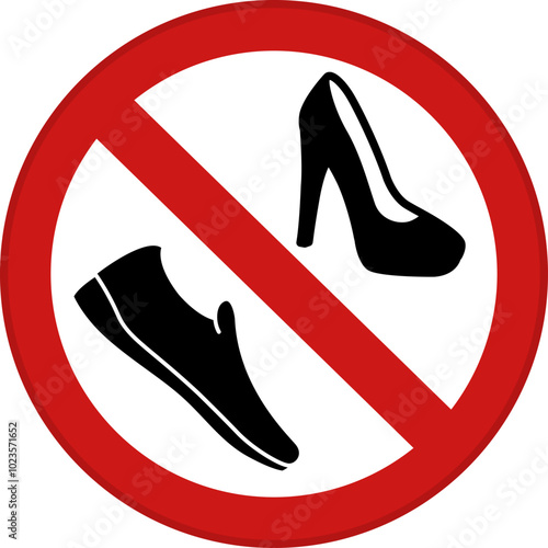 Red Sign Please No Shoes. Vector Icon. Round Prohibition Sign. Women's Heeled Shoe and Slippers. Prohibition on Wearing Shoes