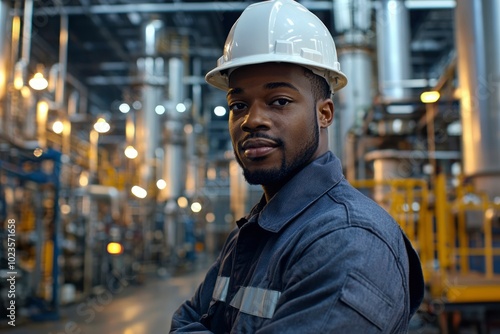 A Confident Black Industrial Worker in a White Hard Hat Stands in a Factory Setting