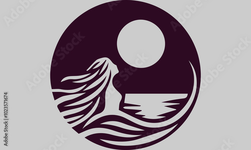 This vector illustration shows the silhouette of a woman on the beach, looking up at the full moon in awe. The soft moonlight shone on his face, creating a calm and peaceful atmosphere