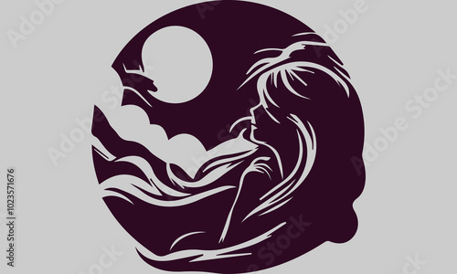 This vector illustration shows the silhouette of a woman on the beach, looking up at the full moon in awe. The soft moonlight shone on his face, creating a calm and peaceful atmosphere