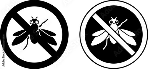 Signs No Fly. Black and White Vector Icons. Round Sign with Fly. Pest Control, Insect Extermination