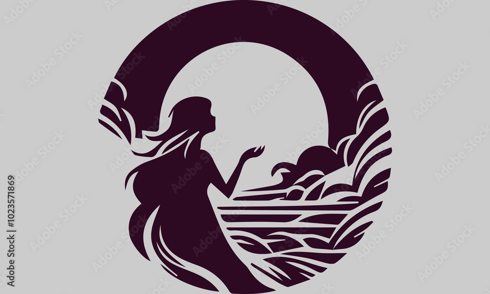 This vector illustration shows the silhouette of a woman on the beach, looking up at the full moon in awe. The soft moonlight shone on his face, creating a calm and peaceful atmosphere This vector illustration shows the silhouette of a woman on the beach, looking up at the full moon in awe. The soft moonlight shone on his face, creating a calm and peaceful atmosphere