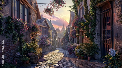 Enchanting Sunrise in a Charming Cobblestone Village Blooming Baskets and Oldworld Charm