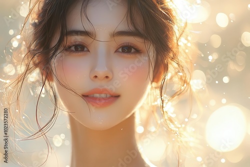 portrait capturing the serene beauty of a natural asian woman her dewy skin glowing under soft diffused sunlight with a gentle smile that radiates warmth and tranquility