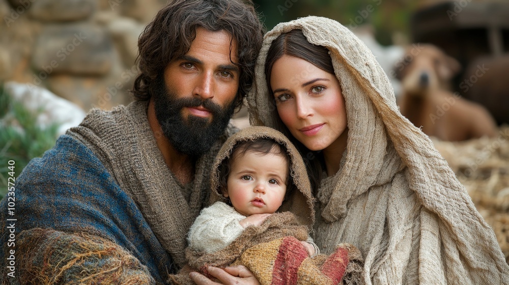 Obraz premium Nativity scene featuring Baby Jesus, Mary, and Joseph, the Holy Family