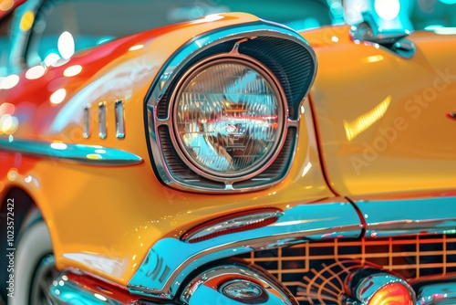 Close up of a shiny classic yellow car headlight with chrome accents