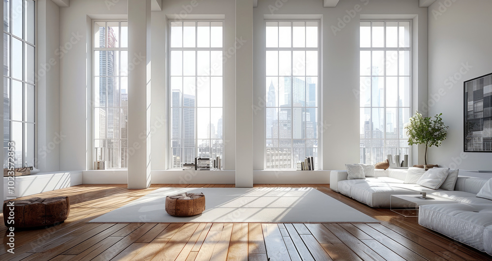Fototapeta premium Modern apartment room, with big windows, minimal decor, white walls.