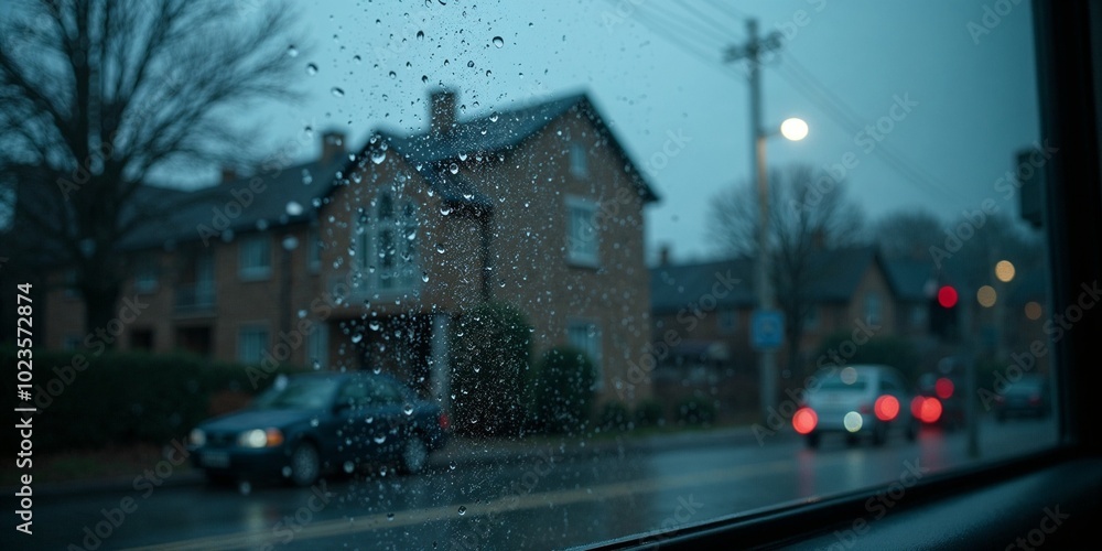 Fototapeta premium Rainy Evening Commute: A Moody Urban Scene