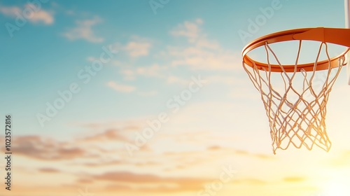 Detailed view of a basketball rim with a brightly colored net during sunset, 3D illustration