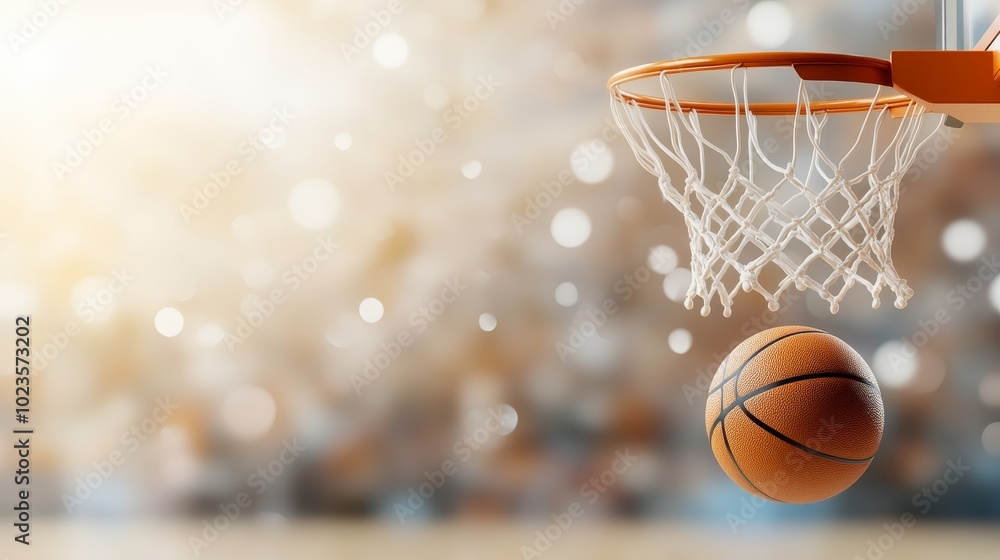 Fototapeta premium Tight shot of the ball bouncing off the rim, with the hoop and net slightly blurred in motion, 3D illustration