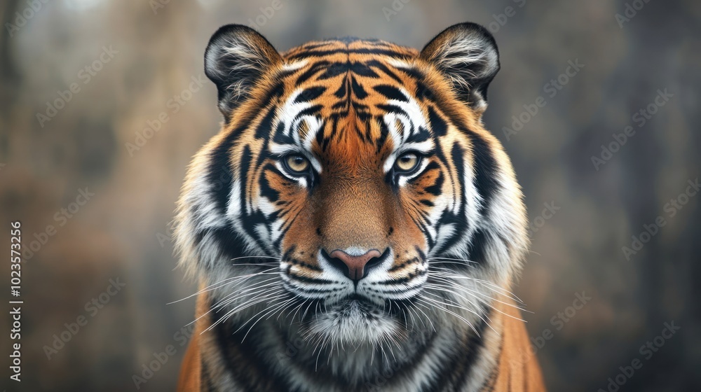 Fototapeta premium A close-up of a tiger's face, showcasing its striking features and intense gaze.