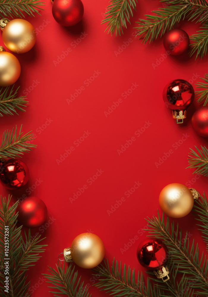 Christmas border made with fir branches and ornaments on red background with copy space in the middle Christmas border made with fir branches and ornaments on red background with copy space in the middle