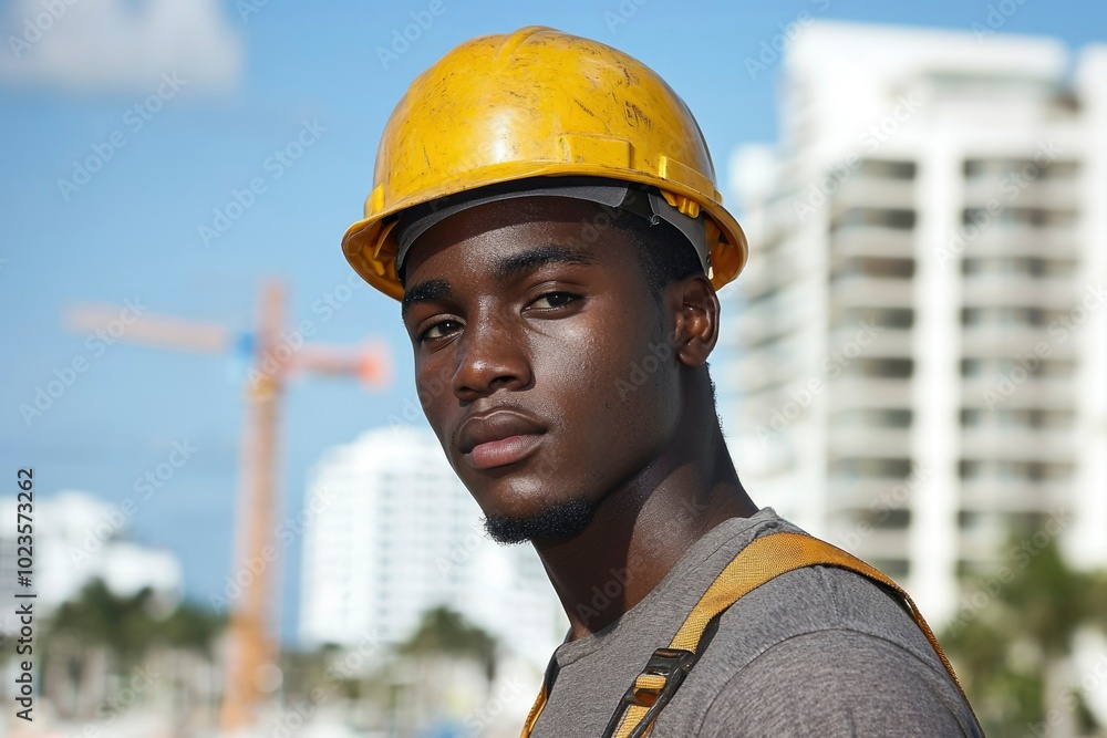 Close-up Portrait of a Construction Worker Wearing a Yellow Hard Hat Close-up Portrait of a Construction Worker Wearing a Yellow Hard Hat
