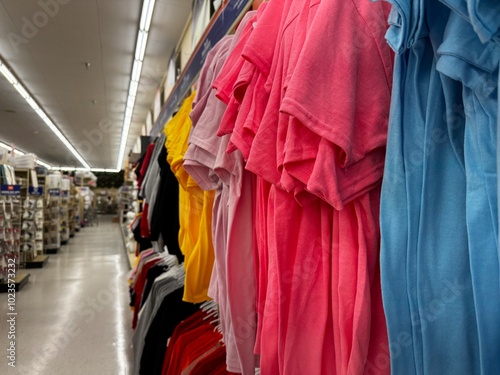 a display of brightly colored folded t-shirts on hangers in a well-lit store aisle photo