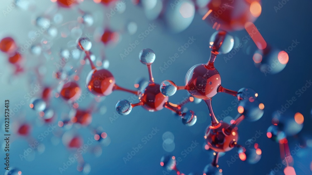 3D molecular structure with red and blue spheres. Scientific and ...