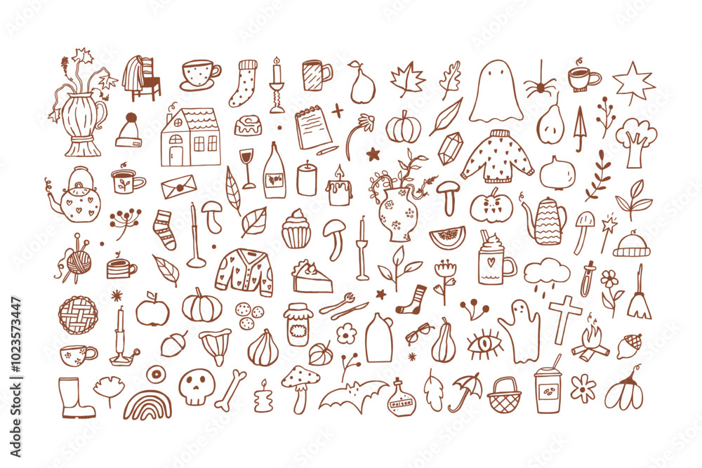 Set of autumn doodle icon. Fall sketch leaf nature hand drawn isolated on white background. Autumn line art elements. Vector drawing illustration Set of autumn doodle icon. Fall sketch leaf nature hand drawn isolated on white background. Autumn line art elements. Vector drawing illustration