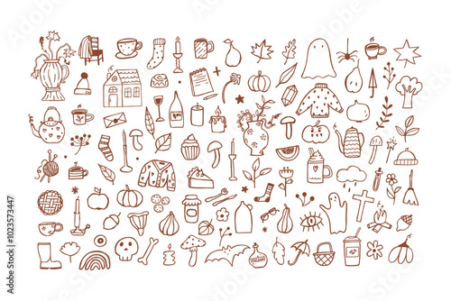 Set of autumn doodle icon. Fall sketch leaf nature hand drawn isolated on white background. Autumn line art elements. Vector drawing illustration