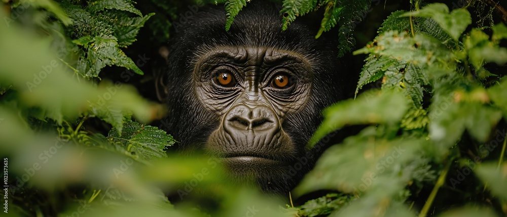 Close-up of a mountain gorilla peering through the foliage in the rainforest. Close-up of a mountain gorilla peering through the foliage in the rainforest.
