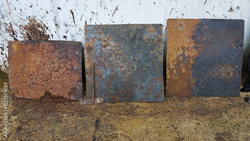 The testing laboratory cut several pieces of steel from the bottom of an oil storage tank to study the effects of corrosion. photo