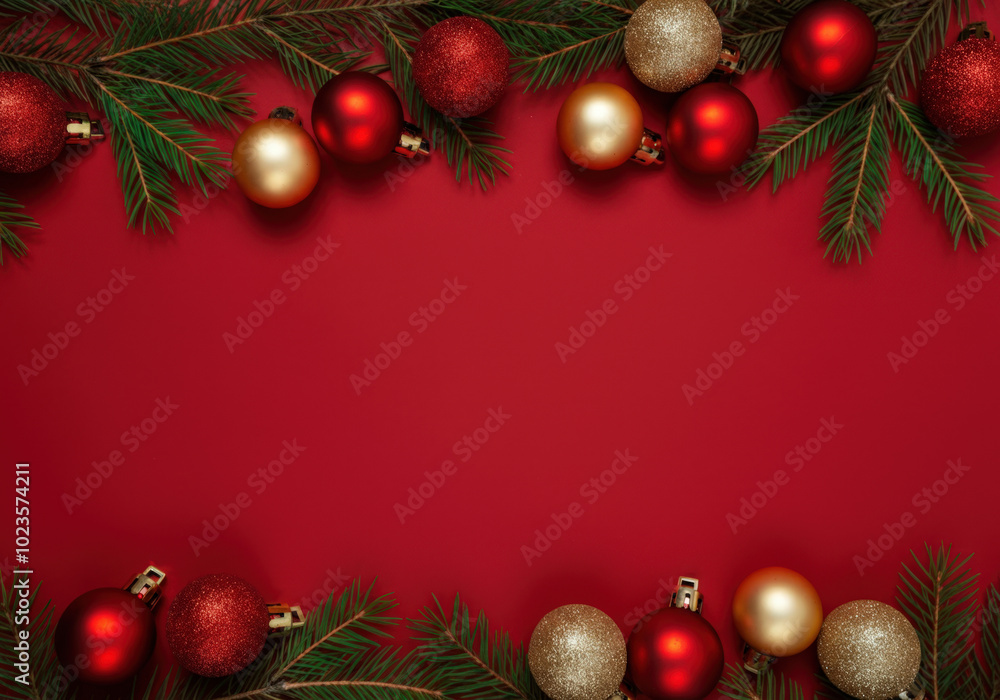 Christmas border made of fir branches and ornaments on a red background with copy space Christmas border made of fir branches and ornaments on a red background with copy space