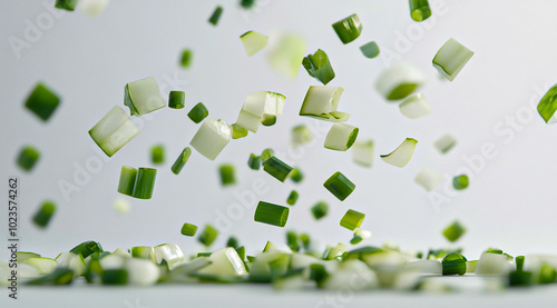 Floating Freshness: A Burst of Green Onions in Motion,small cut juicy green onion slices on a white background