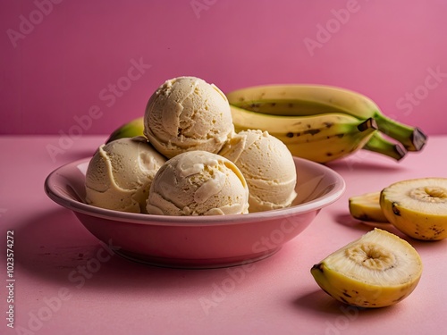 Banana ice cream balls in nice plate on pink background. Plate of banana ice cream balls on bright pink