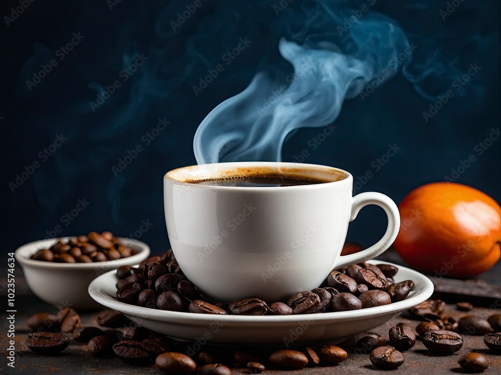 Black coffee in white cup with smoke and coffee beans on colored background. Coffee cup with aromatic vapor Black coffee in white cup with smoke and coffee beans on colored background. Coffee cup with aromatic vapor
