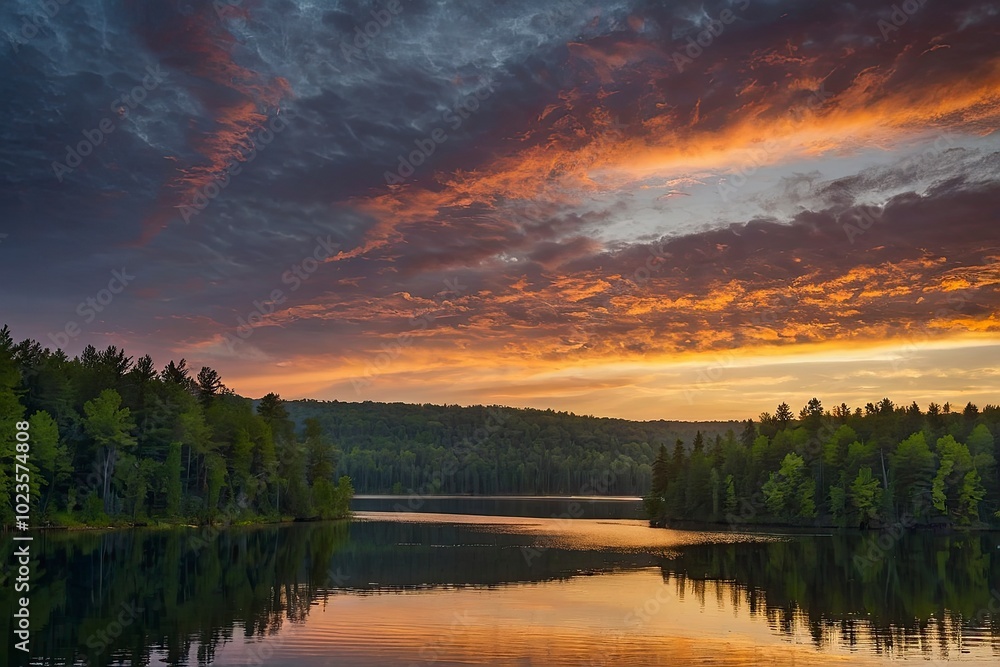 Breathtaking sunset over tranquil lake with forested shoreline. Sunset glow over the tranquil waters Breathtaking sunset over tranquil lake with forested shoreline. Sunset glow over the tranquil waters