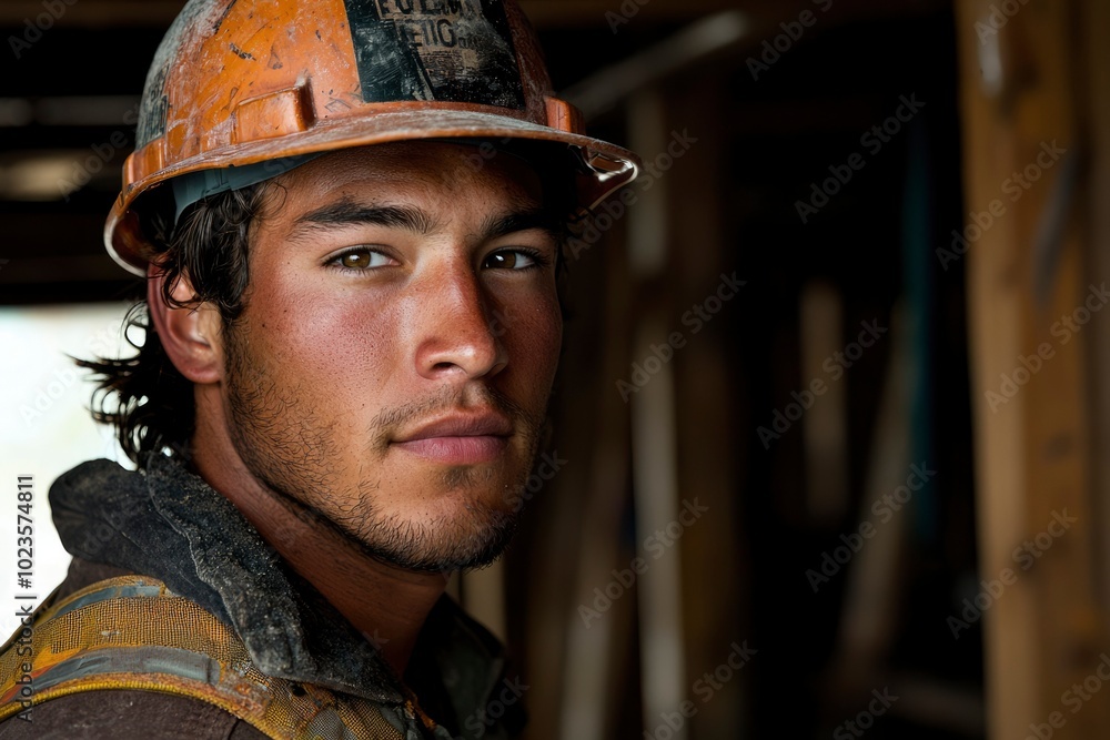A Construction Worker Wearing a Hard Hat Looks Directly at the Camera A Construction Worker Wearing a Hard Hat Looks Directly at the Camera