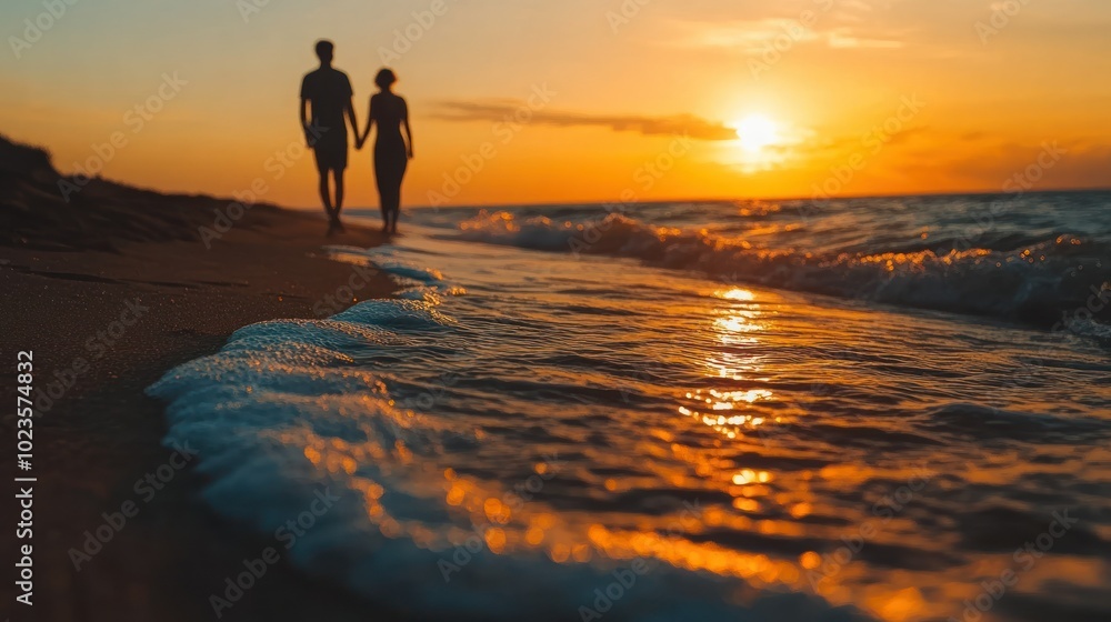 Silhouettes of Couple Walking on Sandy Beach at Sunset Silhouettes of Couple Walking on Sandy Beach at Sunset